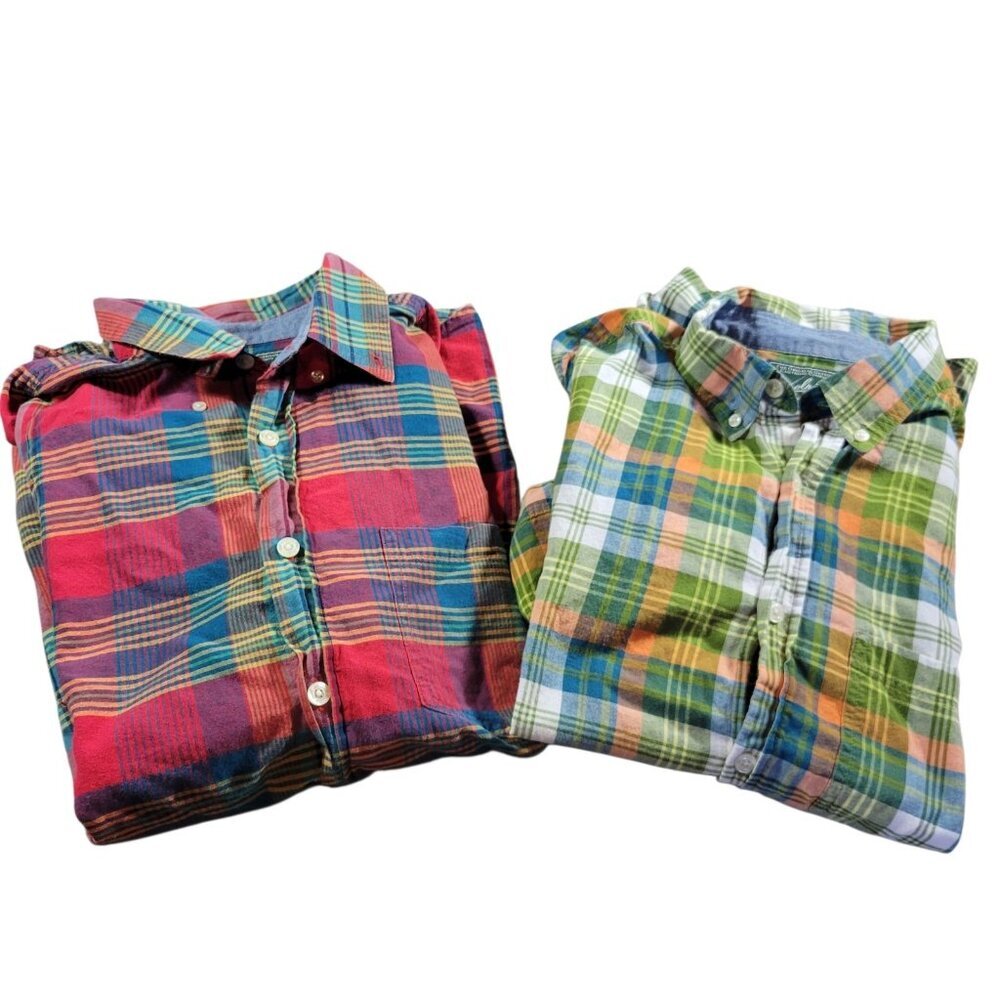 Lot Woolrich Shirt Mens Large Multicolor Plaid Short Sleeve Button Up Camp READ